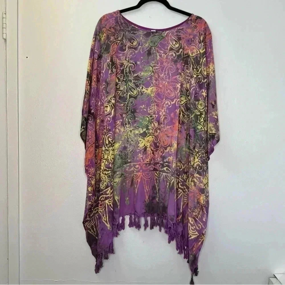 Hand Made Corful Paisley Geometric‎ Print Fringed Poncho Kimono Cover Up OS